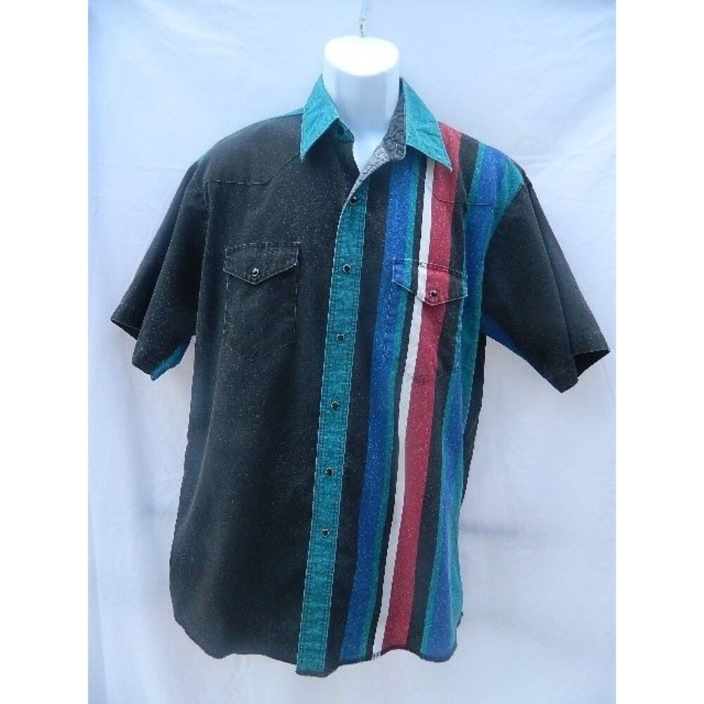 American Hero VTG Striped 90s Western Shirt W/Black Pearl Snaps Men's L Cowboy